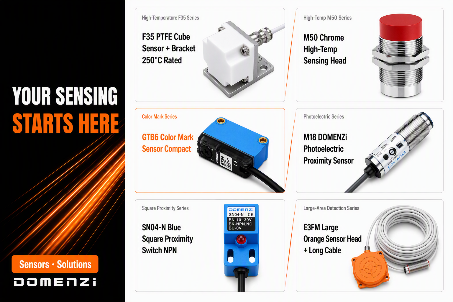 Domenzi sensor solutions including high-temperature, color mark, photoelectric and proximity sensors