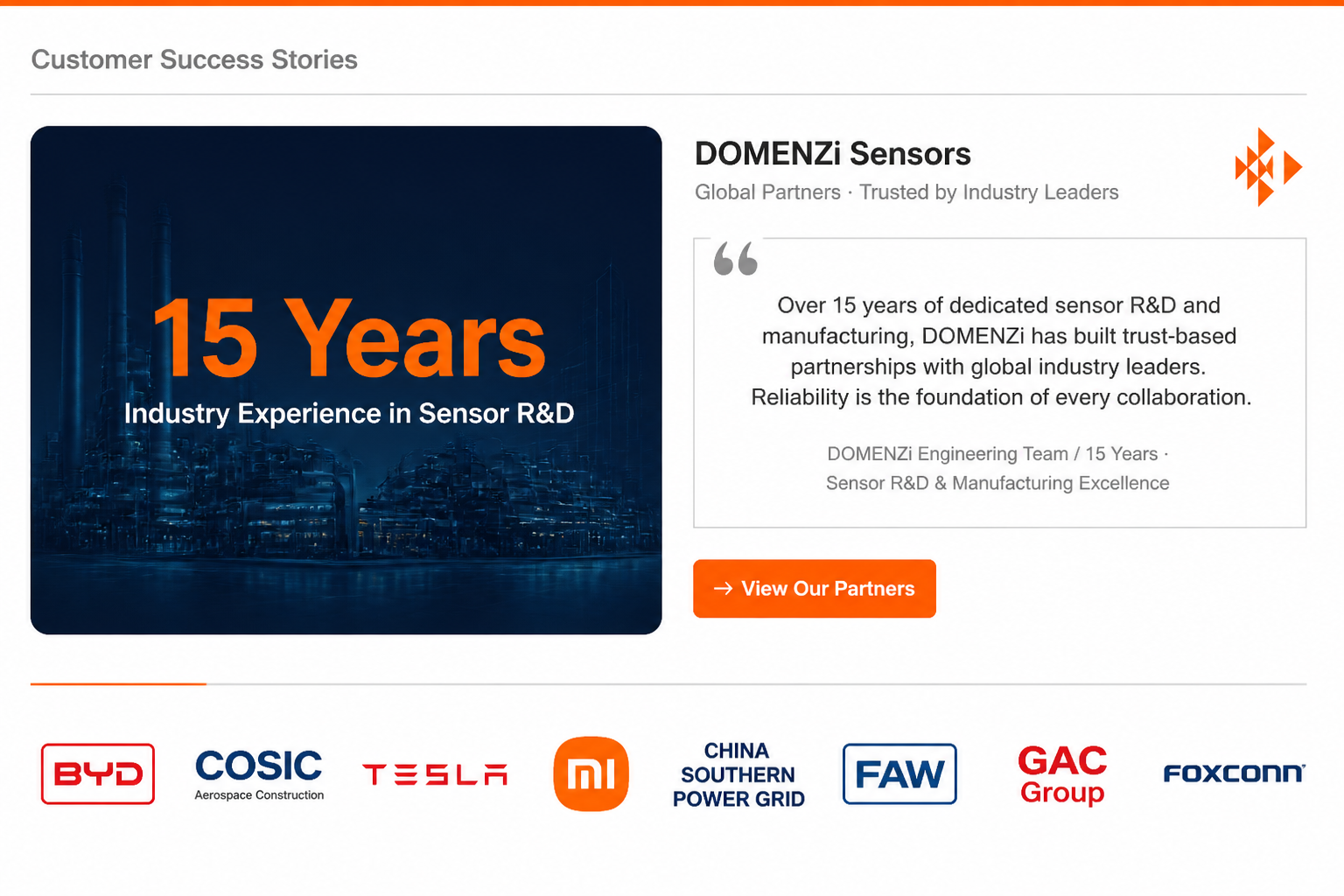 Domenzi customer success story, 15 years of sensor research and development, and global industry partners
